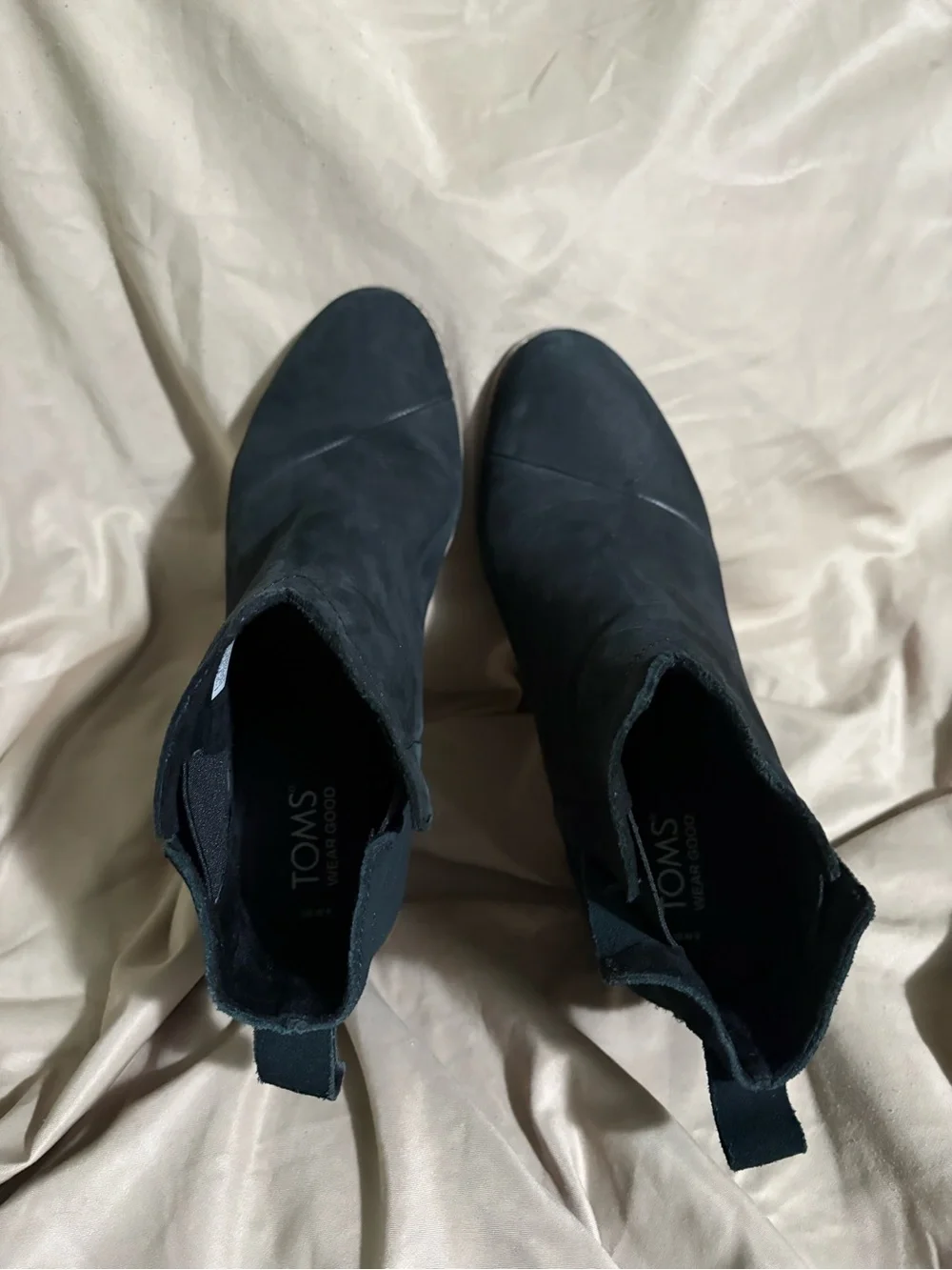 Toms Black Suede Wedge Ankle Booties with Back Bow